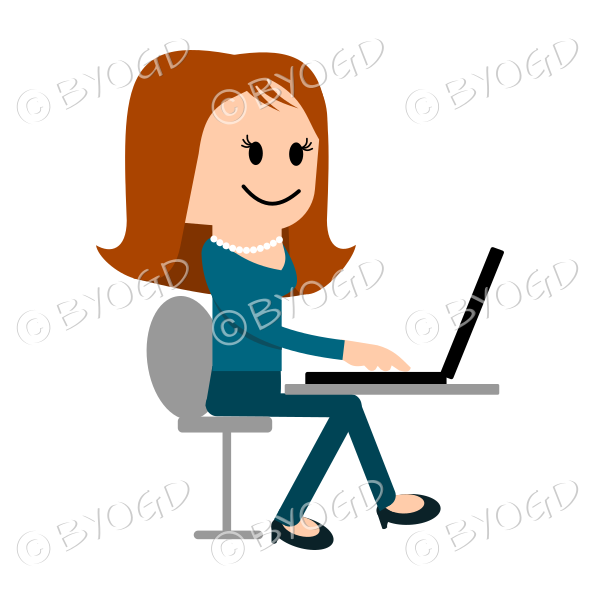 Girl with long red hair sitting at laptop computer
