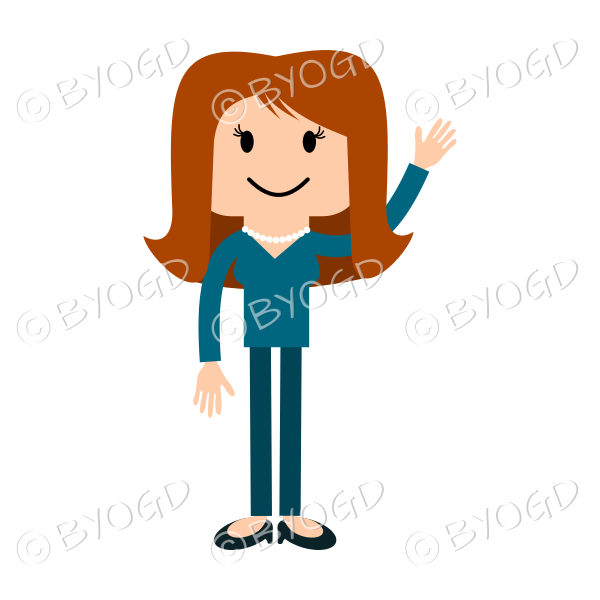 Girl with long red hair, wearing a blue top and trousers, waving her left hand