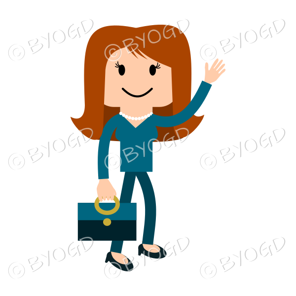 Girl in blue waving with bag or briefcase