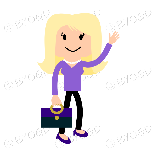 Girl in purple waving with bag or briefcase
