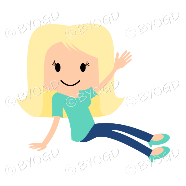Girl in green T-shirt sitting on floor waving