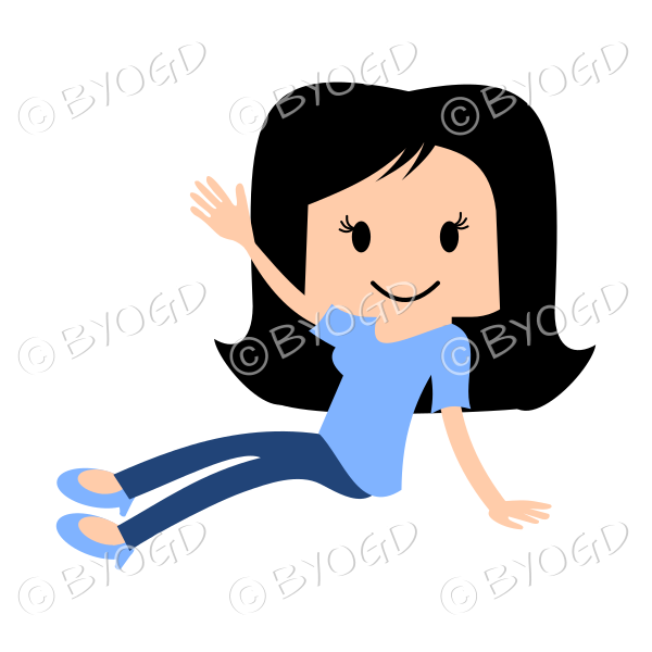 Girl in blue T-shirt sitting on floor waving