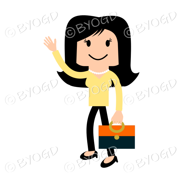 Girl in yellow waving with bag or briefcase