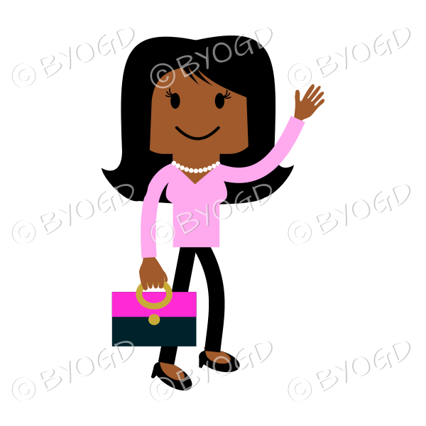 Girl in pink waving with bag or briefcase