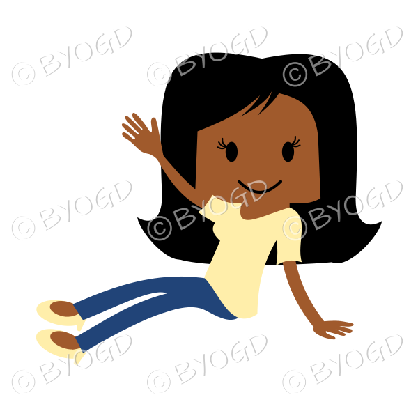 Girl in yellow T-shirt sitting on floor waving