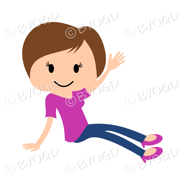 Girl in pink T-shirt sitting on floor waving left hand