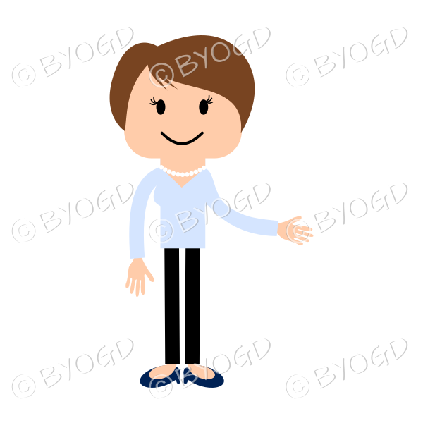 Girl in blue with left hand extended
