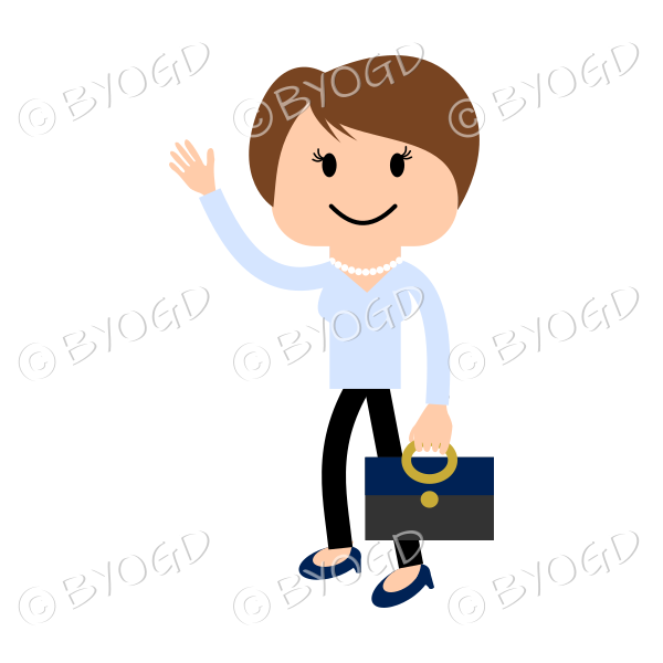 Girl in light blue waving with bag or briefcase