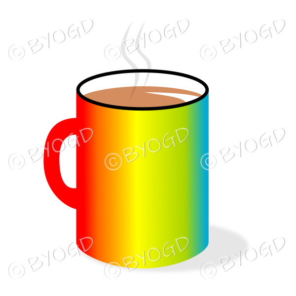 Coffee/tea in a multi-coloured mug/cup