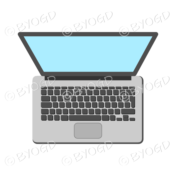 Silver laptop computer with light blue screen - top view