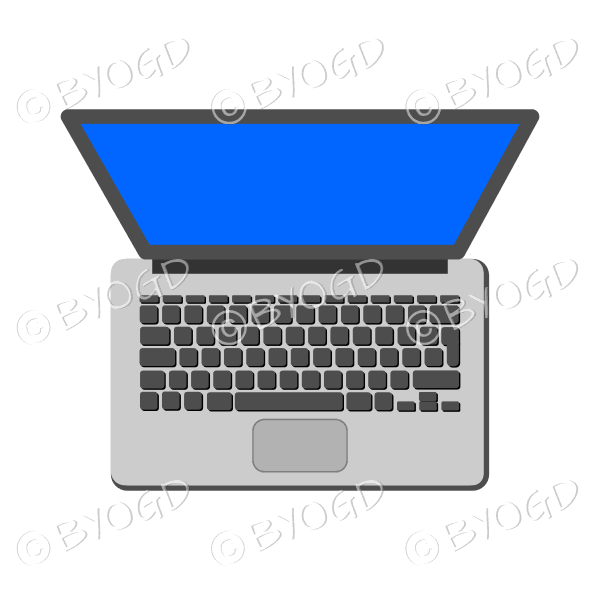 Silver laptop computer with blue screen - top view