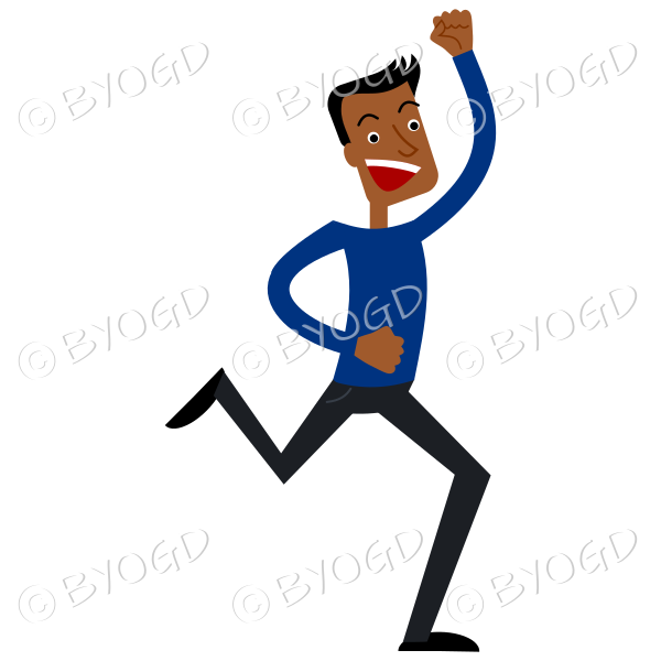 Excited happy tall thin man running in blue shirt