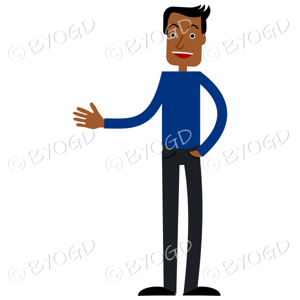 Tall thin man with hand extended in blue shirt