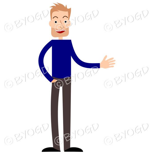 Tall thin man with hand extended in blue shirt