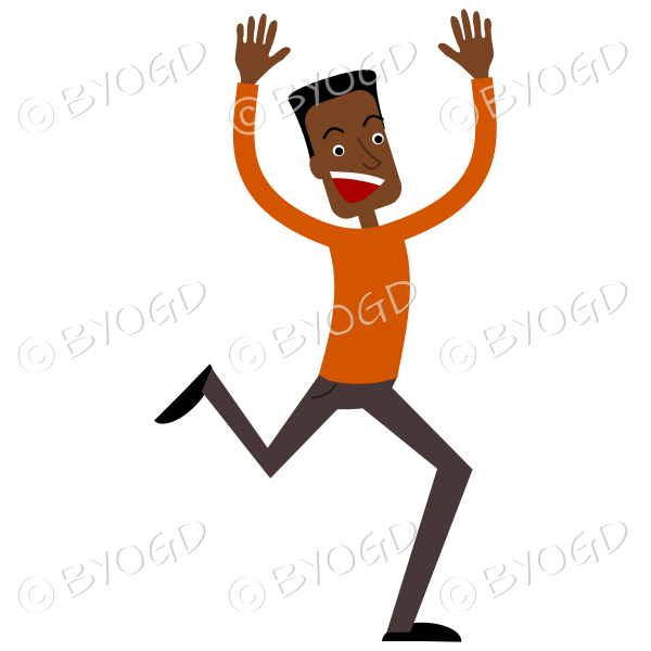 Excited happy tall thin man running in orange top