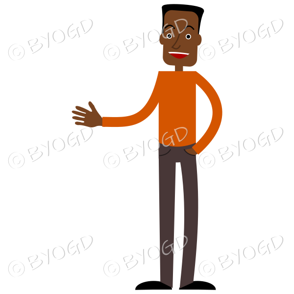 Tall thin man with hand extended in orange top