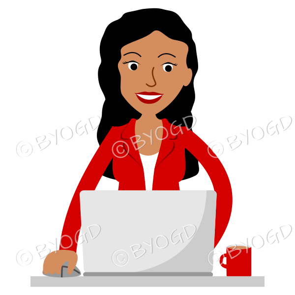 Woman in red sitting at laptop computer