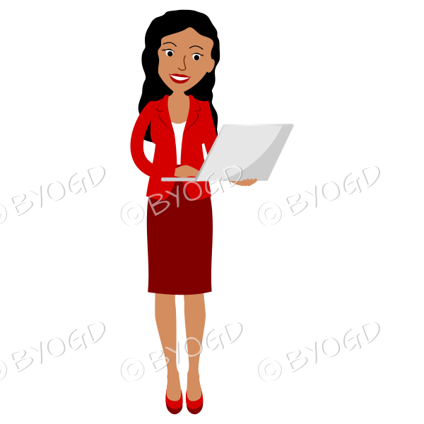 Office girl in red holding laptop computer