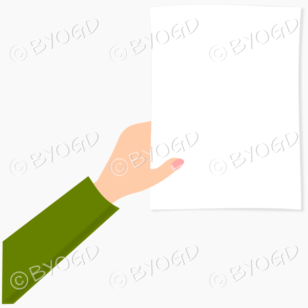 Hand holding white page - green sleeve