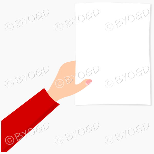 Hand holding white page - red sleeve