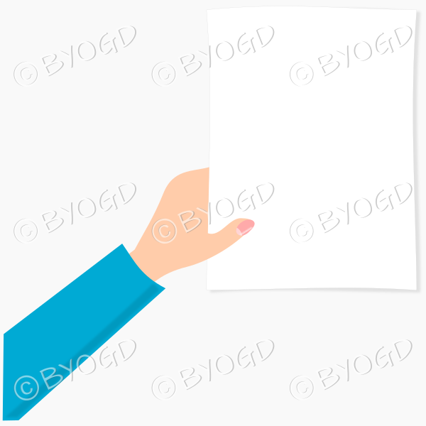 Hand holding white page - blue sleeve