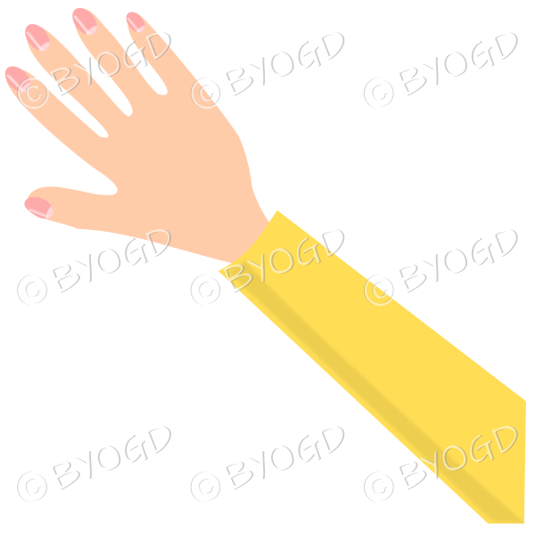 Female hand with yellow sleeve and nail polish.