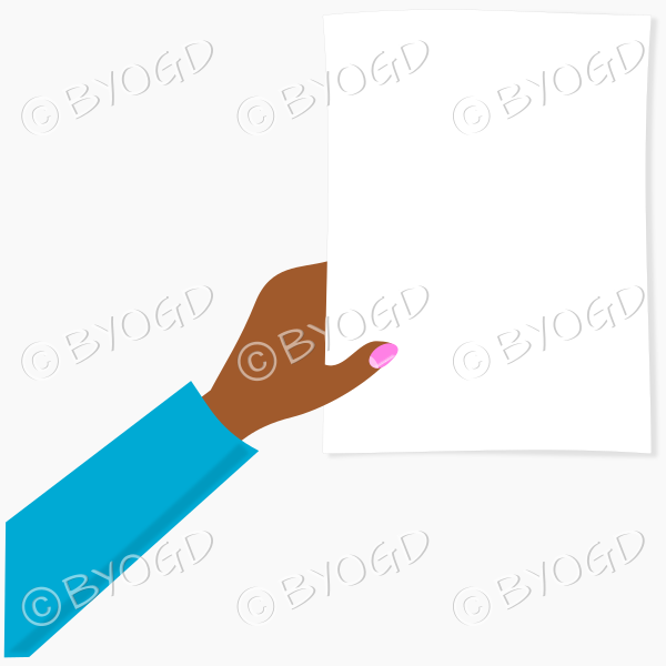 Female hand with light blue sleeve holding white page