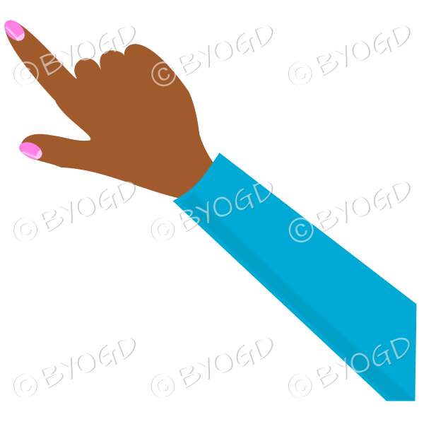 Female hand with light blue sleeve pointing finger