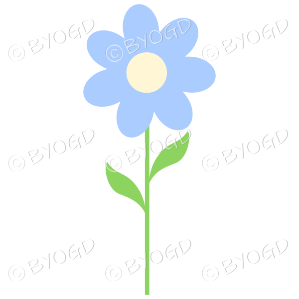 Blue flower with yellow middle and green leaves