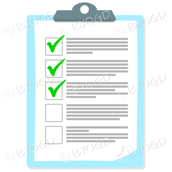 Light blue clipboard with tick check marks.