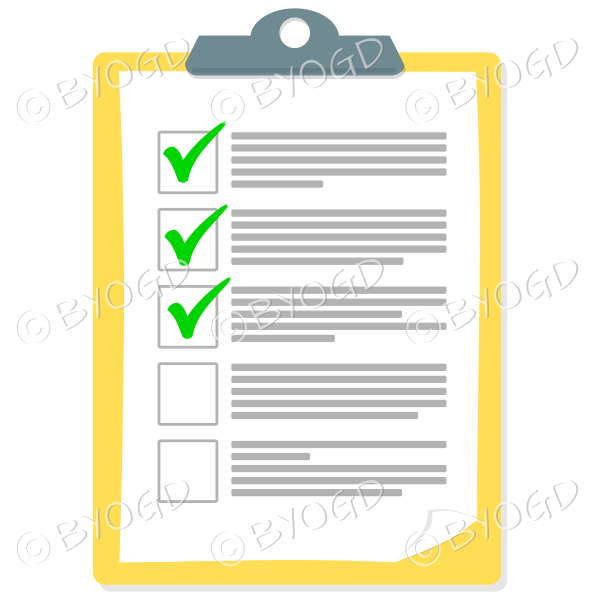 Yellow clipboard with tick check marks.