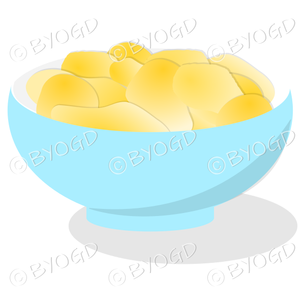 A light blue bowl full of crisp golden chips