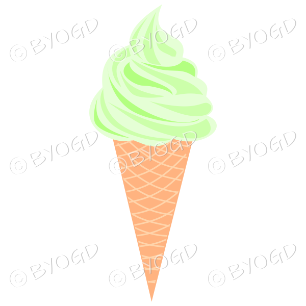 Minty green ice cream in a cone shaped cornet