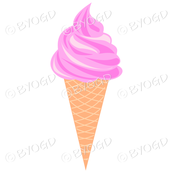 Strawberry pink ice cream in a cone shaped cornet