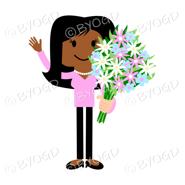 Girl in pink with a bunch of flowers for you