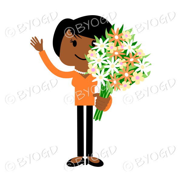 Girl in orange with a bunch of flowers for you