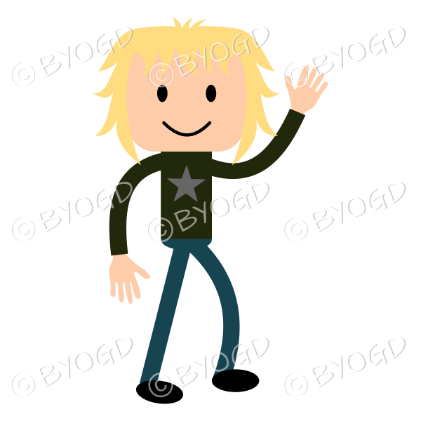Man with blonde hair, walking and waving