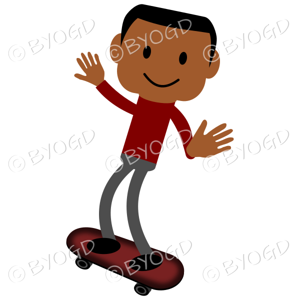 Young man with dark skin and red t-shirt riding on a skateboard