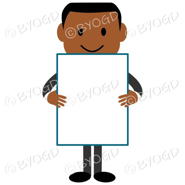 Business man holding a white sign for your message.