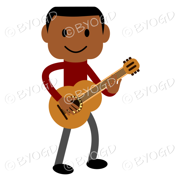 Young man with dark skin and red t-shirt playing a guitar