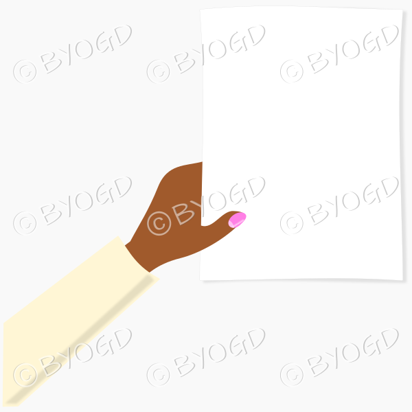 Hand with yellow sleeve holding a sheet of white paper