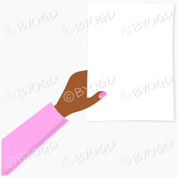 Hand holding white page - pink sleeve