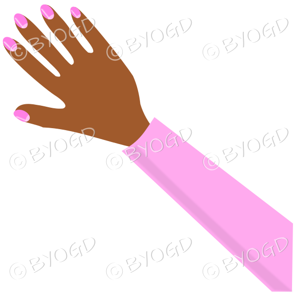 Female hand with pink sleeve and nail polish