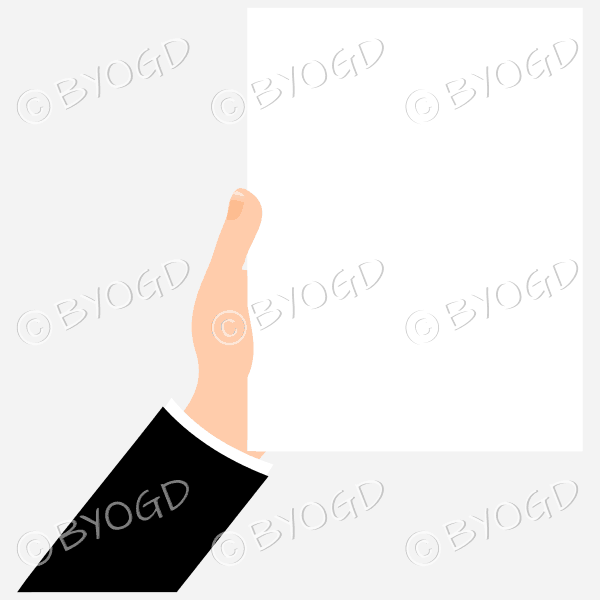 Hand with black sleeve holding a sheet of white paper