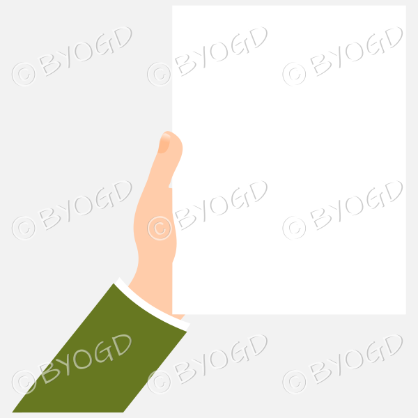 Hand with green sleeve holding a sheet of white paper