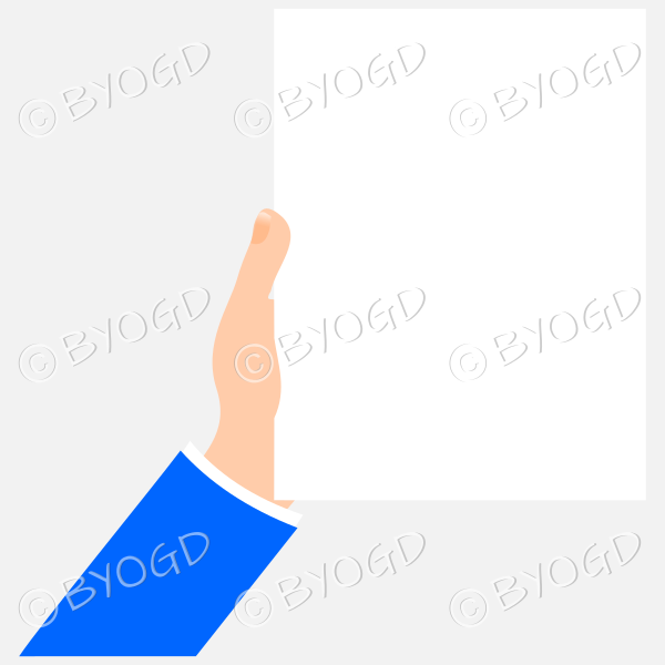 Hand with blue sleeve holding a sheet of white paper