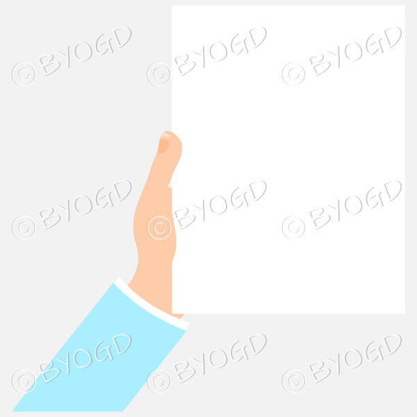 Hand with light blue sleeve holding a sheet of white paper