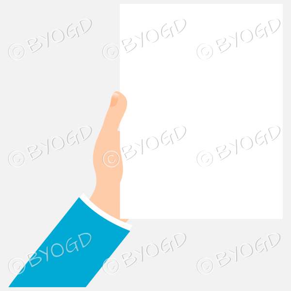 Hand with light blue sleeve holding a sheet of white paper