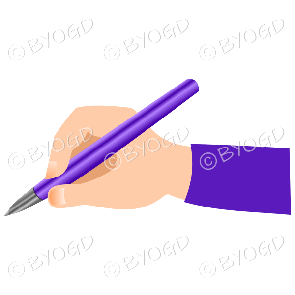 Hand writing with a shiny purple pen.