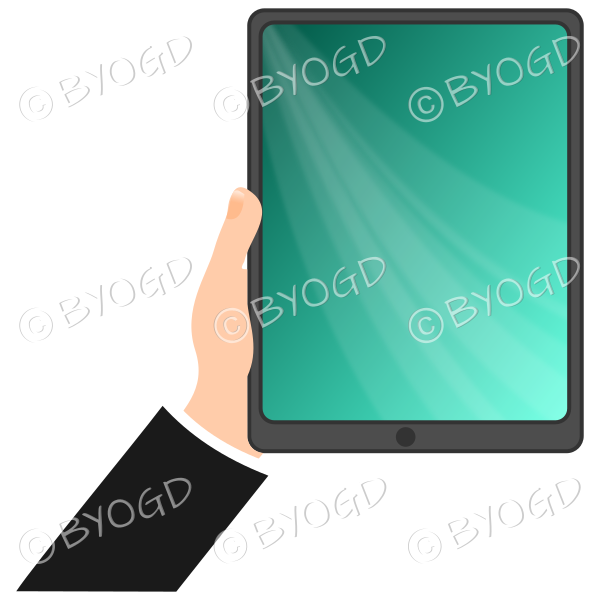black sleeved hand hold up green tablet